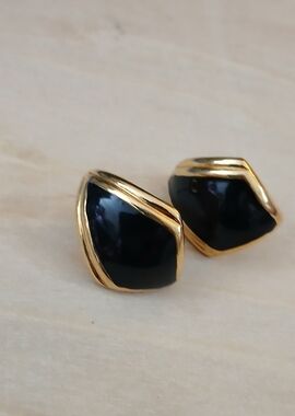 Vintage 1980s Monet Earrings Gold & Black Enamel